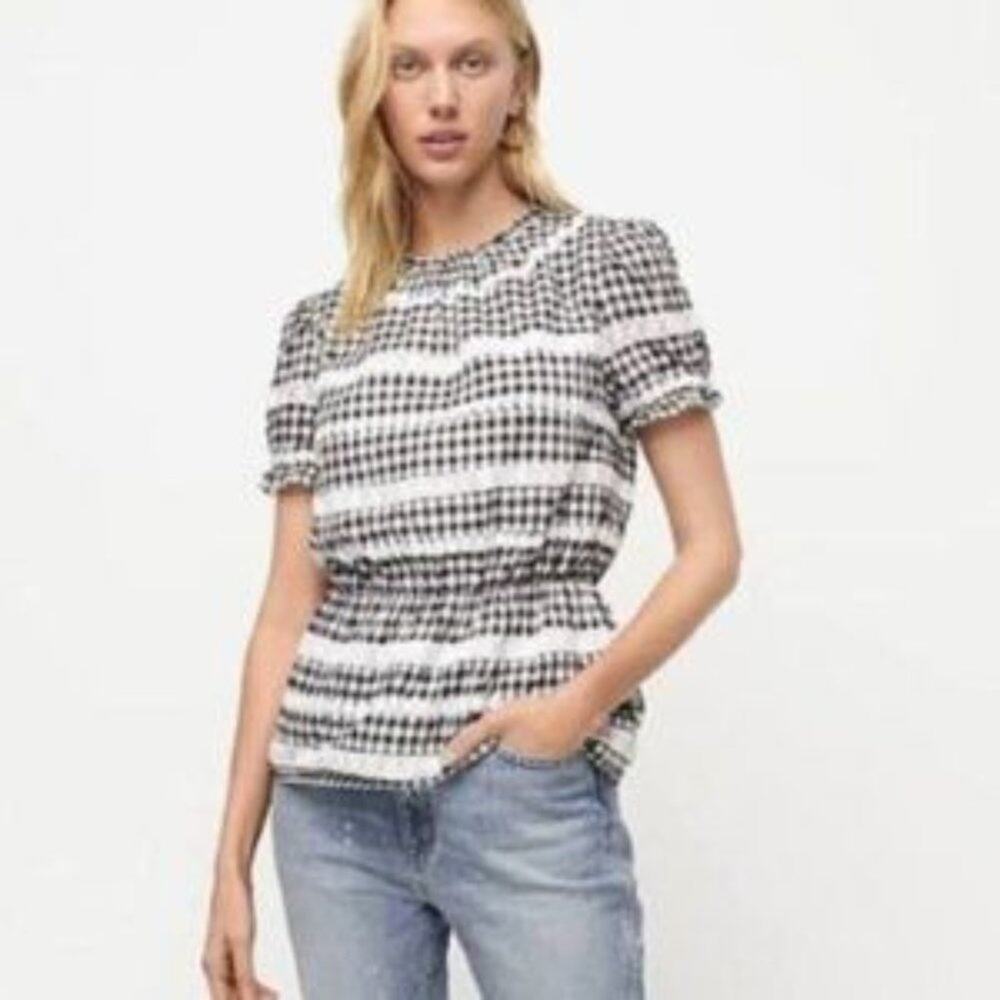 J Crew Black Gingham Daisy Chain Lace Peplum Peasant Short Sleeve Blouse Size M